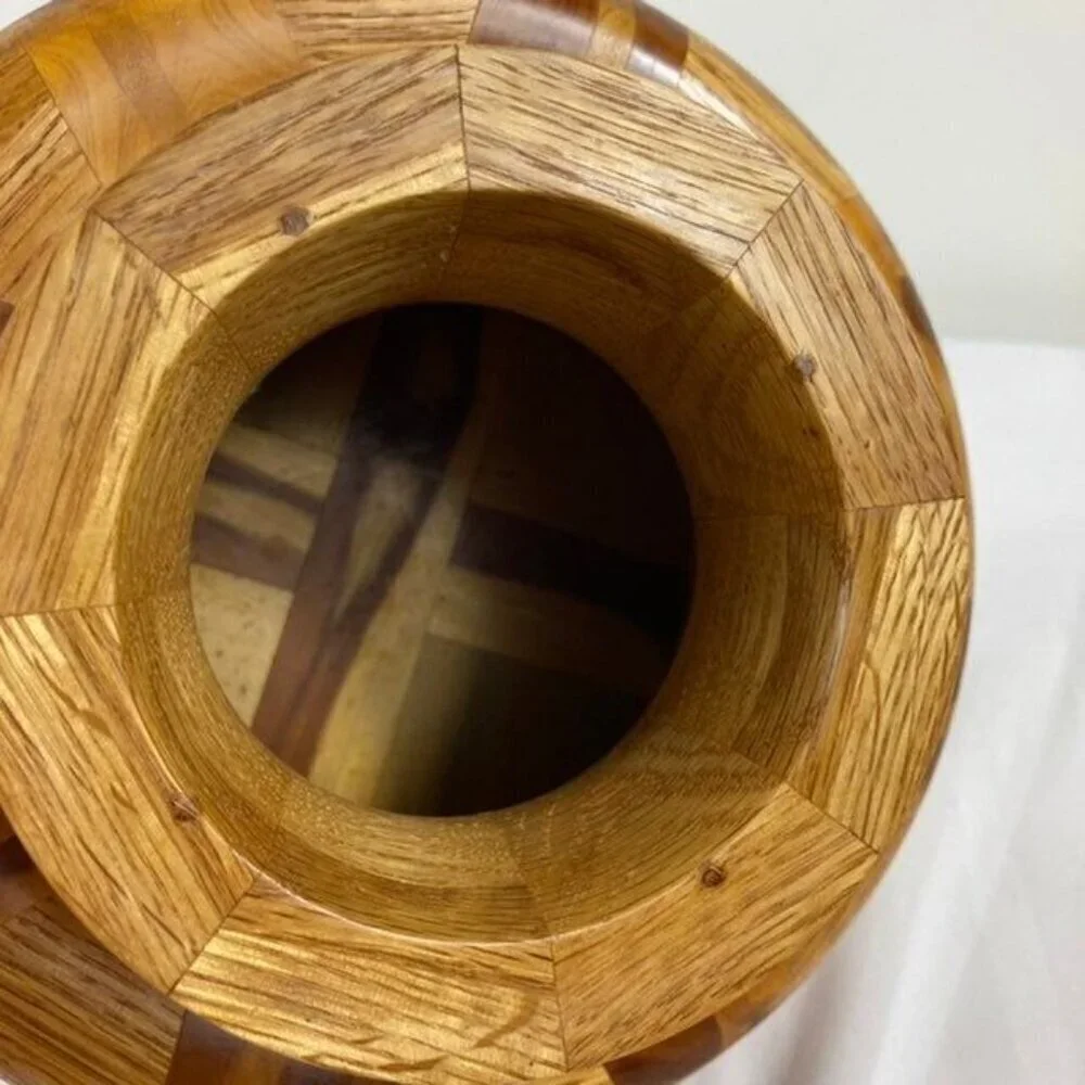Vintage Mid Century Handcrafted Segmented Turned Wood Vase 6 x 9